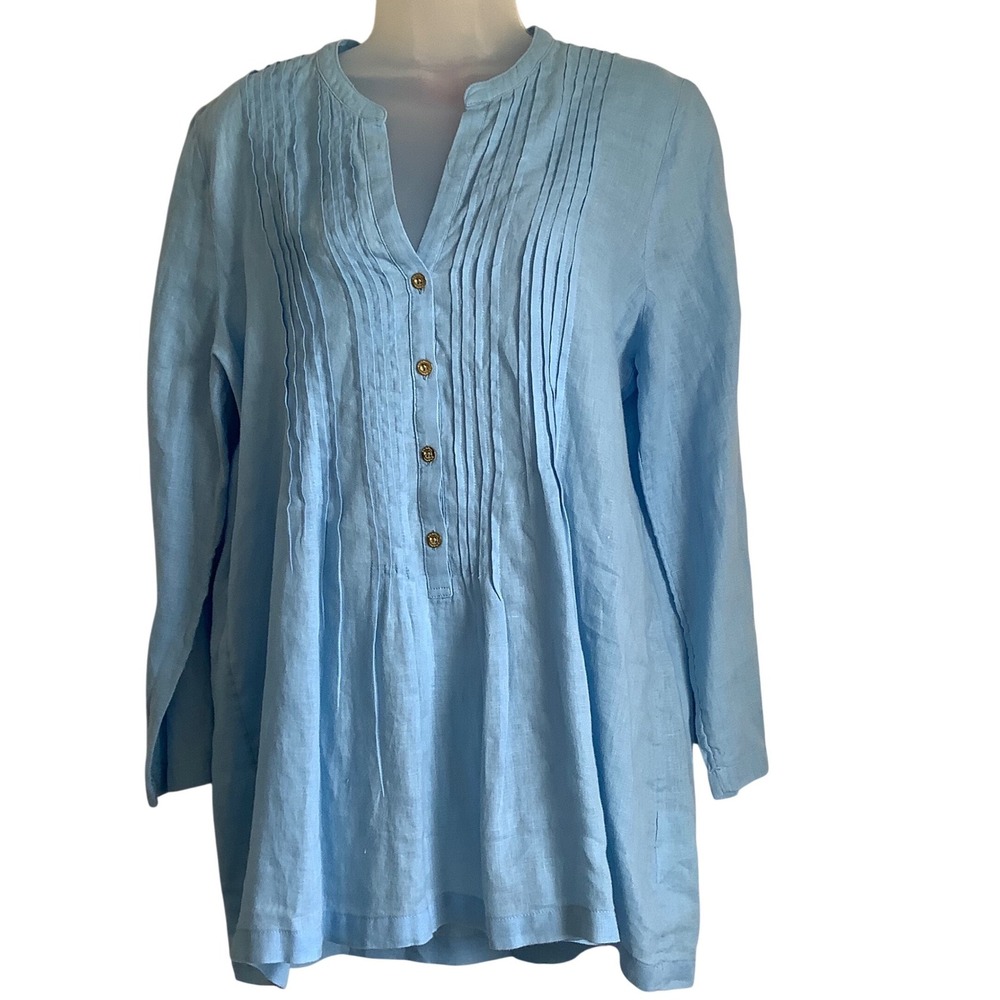 Lilly Pulitzer Blue Linen Pintuck Tunic Top Long Sleeve Gold Button Split Neck M